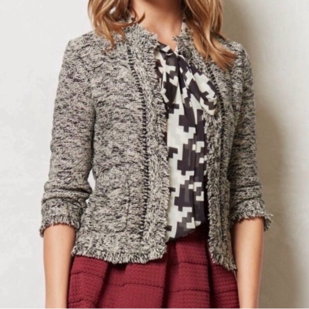 Anthropologie Angel of the North Fringe Tweed Cardigan Jacket Black White Gray S